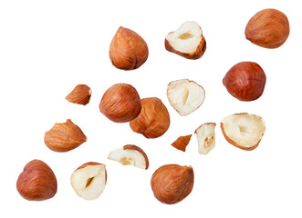 Falling hazelnuts whole and pieces on a white background. Isolated - obrazy, fototapety, plakaty