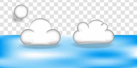 White 3d clouds set isolated on a blue background. Render soft round cartoon fluffy clouds icon in the blue sky.eps 10