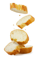 Sliced baguette falls on a pile on a white background. Isolated