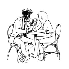 Young couple of mixed race (black man with afro and caucasian blonde woman) is having a romantic coffee together on a cafe terrace celebrating valentine's day. They're holding hands. 