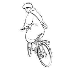 Fashion illustration of a beautiful woman dressed in a fur hat, fur coat and high heeled boots riding a bicycle looking back at the viewer. Cycling line drawing.