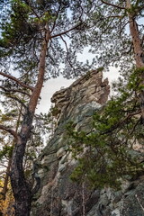 Autumn landscape with trees and rocks on top of a mountain against the sky