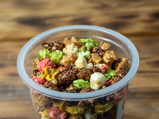 Colored popcorn close up.