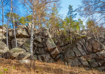 Fototapeta na wymiar Autumn landscape with trees and rocks on top of a mountain against the sky