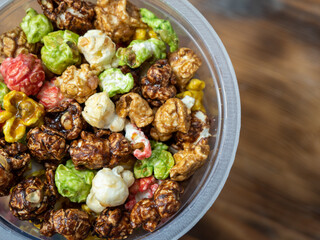 Colored popcorn close up.