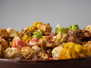 Colored popcorn close up.