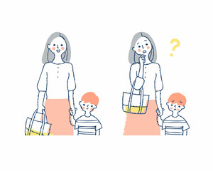 手を繋いでいる男の子とママ　笑顔と困った表情　上半身