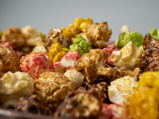 Colored popcorn close up.