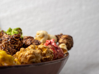 Colored popcorn close up.