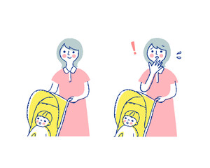 ベビーカーに乗る男の子とママ　笑顔と困った表情　上半身
