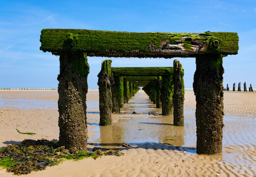 Old Harbour on the Beach of Wangerooge Island. Landing stage, rooten pier in National Park and World Heritage &ldquo;Wattenmeer&ldquo; North Sea Ostfriesland Germany. Weathered wooden structure in natural reserve