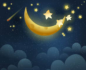 Obraz na płótnie Canvas Golden moon sleeping and shiny stars, cosmic background with clouds stars and a crescent. Cute sleeping stars and the moon at starry night. Vector illustration for children and little kids.