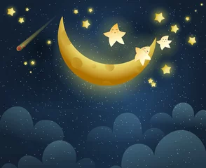  Golden moon sleeping and shiny stars, cosmic background with clouds stars and a crescent. Cute sleeping stars and the moon at starry night. Vector illustration for children and little kids. © Popmarleo