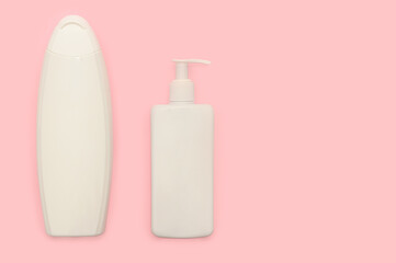 White container for shampoo and gel. Hair care.