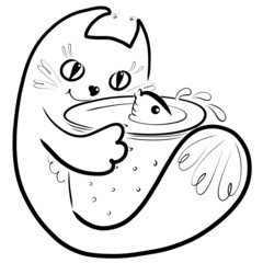cute cat admires the fish that swims in a glass jar or aquarium, in his paws, black outline