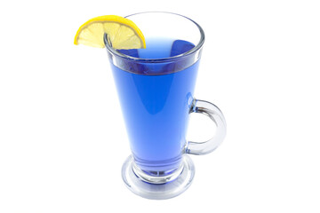 Anchan blue tea. A mug of pea tea with a slice of lemon for healthy eating, isolated on white.