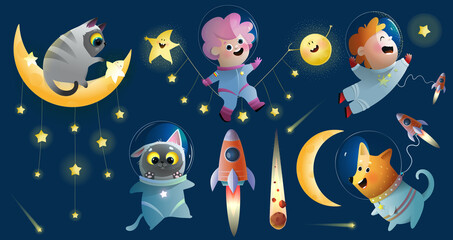 Space travel with kids, dog and cat, golden moon and a star. Boy and girl, animals cosmonaut characters cartoon clip art galaxy for children. Vector kids clipart space collection.