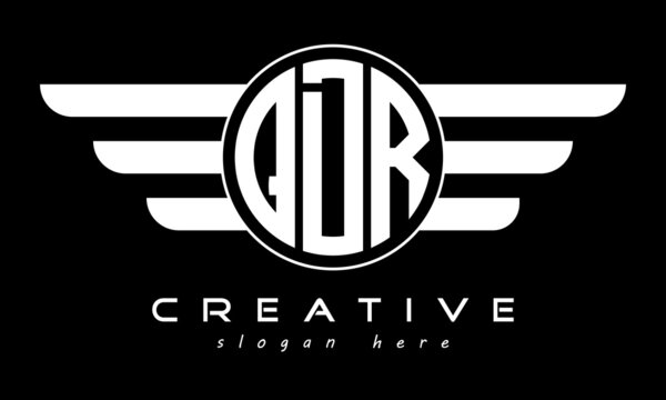 QDR three letter monogram type circle letter logo with wings vector template.