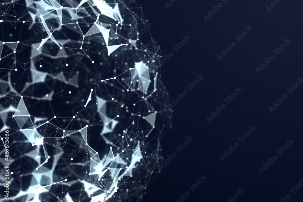 Poster abstract sphere with connected dots and lines on blue background with bokeh. business, science, comm