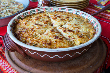 Bulgarian national dish Patatnik, made from potatoes and cheese - selective focus