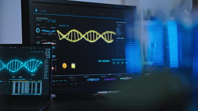DNA chain animation on computers in genetic lab, modern technology, science