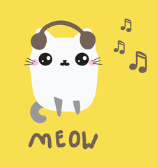 Cute cat with headphones listening to music/ meowing (singing songs). A kitten in a cartoon hand-drawn style, isolated on a yellow background. Musical concept, party, festival... Vector illustration.