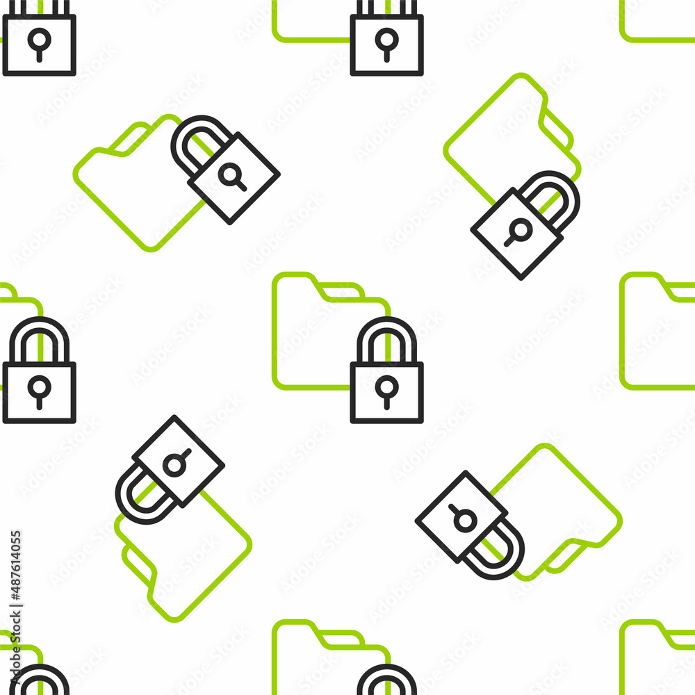 Poster line folder and lock icon isolated seamless pattern on white background. closed folder and padlock. 