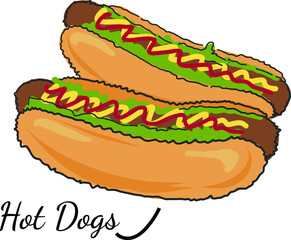 An appetizing hot dog Delicious juicy hot dogs or Frankfurter with sausage, ketchup, mayonnaise, mustard and lettuce leaves. American Fast food in doodle style. Top view.