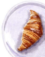 Croissant on a plate watercolor illustration