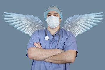 young male doctor, nurse in medical suit and work medical clothing, putting on protective mask,...