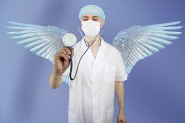 young male doctor, nurse in medical white suit and work medical clothing, putting on protective...