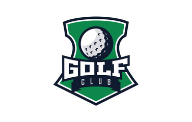 Logo, golf emblem. Colorful golf ball logo on the background of the shield. Sports club, team logo template. Badge, icon, ball, shield. Isolated vector illustration on white background