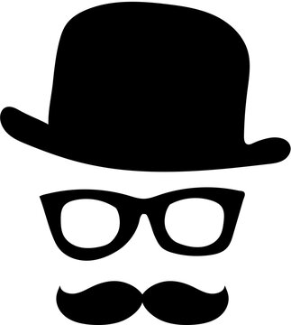 Minimalistic portrait of a man in black with glasses, a hat and a mustache. Without background