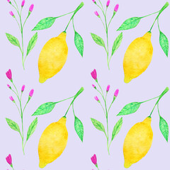 Watercolor lemons set seamless pattern hand drawn