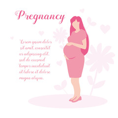 Type of pregnancy resources. Pregnant woman character holding her belly. Child planning. The concept of motherhood, prenatal intrauterine development. Flat cartoon illustration.