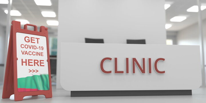 Flag of Bulgaria on a COVID-19 vaccination centre signboard, 3D rendering