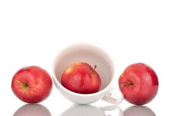 Three juicy, ripe, red apples with a white ceramic cup, macro, isolated on a white background.
