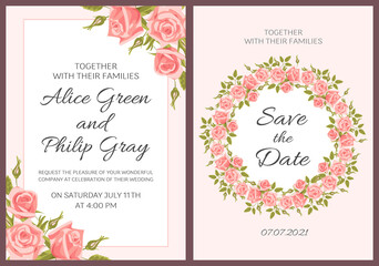 Obraz premium Wedding card or invitation with floral background. Postcard in vintage style. Elegant pattern with rose flowers, classic. For weddings, posters, postcards, design elements.