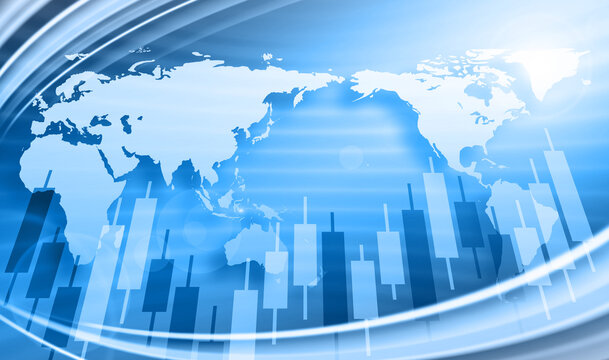 株取引や為替取引のイメージ、アジアを中心とした世界地図