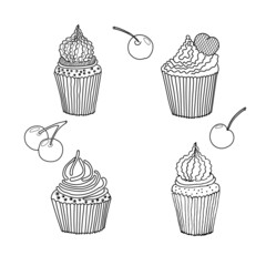 Vector image. A set of black and white cupcakes with cream and berries. Doodle style.An element for decorating postcards, printing bakery menus.
