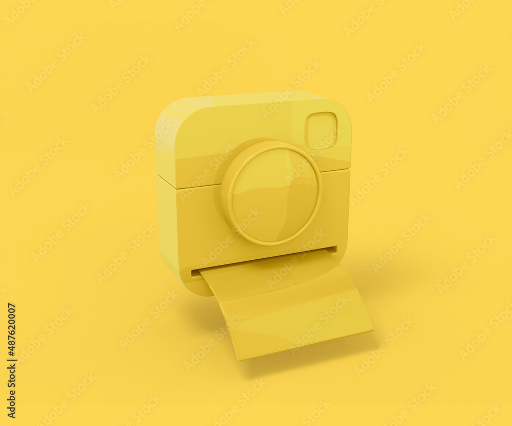 Poster yellow camera with instant photo on a yellow background. minimalistic design object. 3d rendering ic