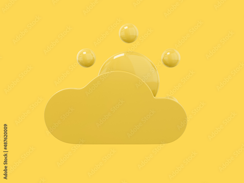 Poster yellow single color cartoon sun behind cloud front view on yellow monochrome background. minimalisti