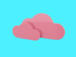 Two pink clouds one color on a blue flat background. Minimalistic design object. 3d rendering icon ui ux interface element.