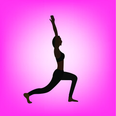 Fototapeta na wymiar flat illustration. yoga. african american girl performs warrior asana in yoga. in black leggings and a black top