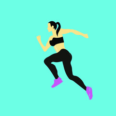 Fototapeta na wymiar flat illustration. runner girl. fitness bikini. runs in black leggings and a black top