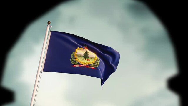 Vermont State Flag Waves on a sky background. 3d render 4k.