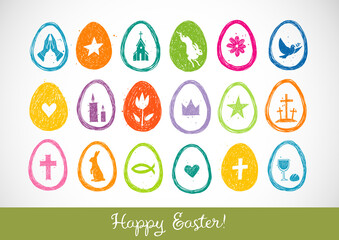 Collection of colored hand drawn easter doodles. Easter symbols in eggs on white background.