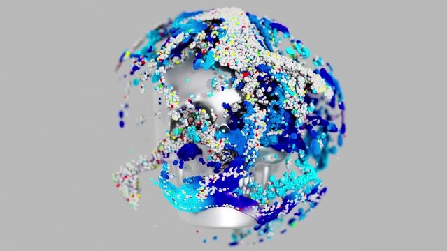 3d video of abstract art video animation with surreal aluminum shiny metal spooky skull with flying liquid color splash based on small balls particles in spherical shape on isolated grey background