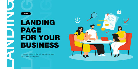 Married cartoon couple in consultation with lawyer in office. Judge giving legal advice to clients before signing financial contract flat vector illustration. Law, divorce concept for banner