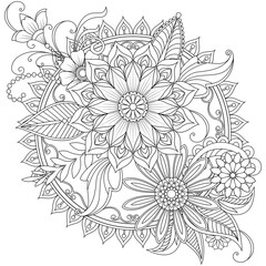 Vector drawing for coloring book. Geometric floral pattern. Contour drawing on a white background